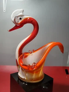 Blown  murano style Glass Orange White Swirl Bird Of Paradise Swan Bowl candy - Picture 1 of 10