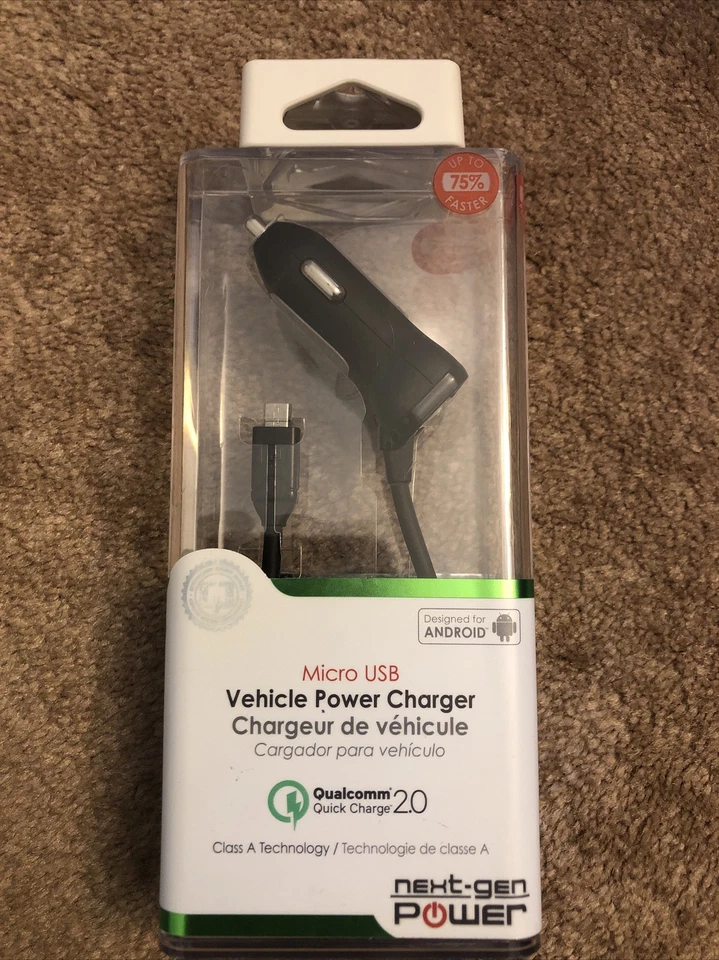 New Qmadix QM-PVMI-Q2 Qualcomm 2.0 Coiled Micro-USB Car Charger Black - Image 1 of 4