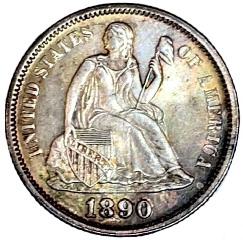 1890 Seated Liberty Dime, Choice BU, Near Gem, Original Toning And Luster Cover