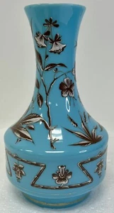 Antike handbemalte Bristol Glas blau opake kleine 7,5" Mohn Vase - seltene Form - Bild 1 von 8