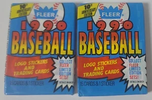 1990 Fleer Baseball Sealed Packs 15 Trading Cards and 1 Logo Sticker - Lot of 2 - Picture 1 of 10