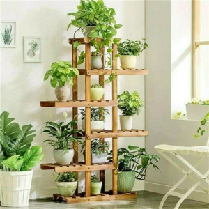 Reinforced 52" Tall Wood Plant Stand Staggered High Low Racks Flower Pot Shelves - Picture 1 of 12
