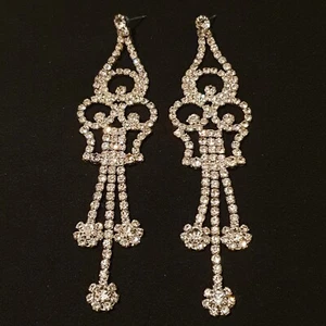 Statement Chunky Crystal Silver Earrings Long Drop Dangle Tassel Large Big Gift - Picture 1 of 11