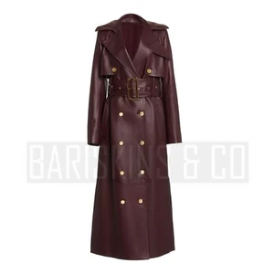 Leather Trench Coat Womens, Long Double-Breasted Belted Overcoat Burgundy Jacket - Bild 1 von 10