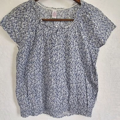 Top de mujer abstracto azul blanco manga corta algodón 2X (20-22) Cottagecore modesto Foto 1 de 4