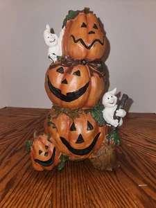 Halloween 3 Stacked Resin Pumpkin & Ghost Decor Jack O Lantern (NN) - Picture 1 of 12