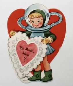 1960s Vintage Gibson Space Helmet Girl Valentine Card Be Mine Huh? 3.5"h - Picture 1 of 2