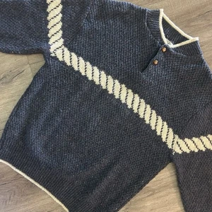Vintage PINNACLE Sweater Mens Large Blue Gray Tweed Knit Pullover Button Neck EC - Picture 1 of 9