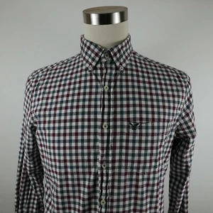 American Eagle Mens Classic Fit LS Button Up Gray Maroon Checkered Plaid Shirt M - Picture 1 of 12
