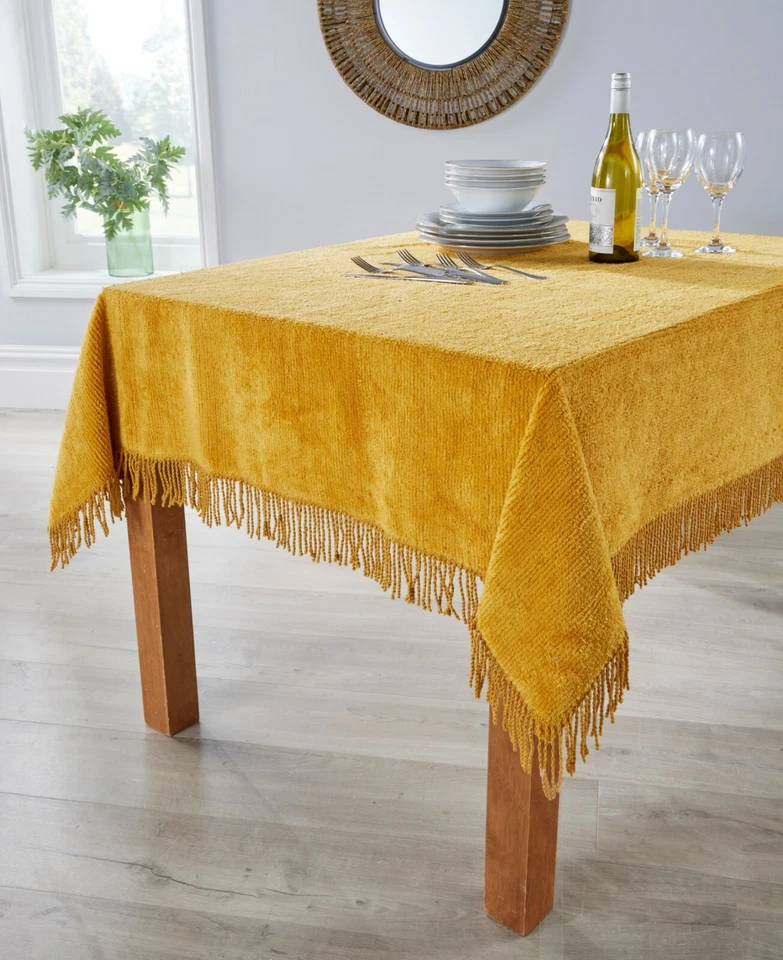 Diana Cowpe Yellow Tablecloths Traditional Cotton Chenille Tablecloth Fringed - Image 1 of 1