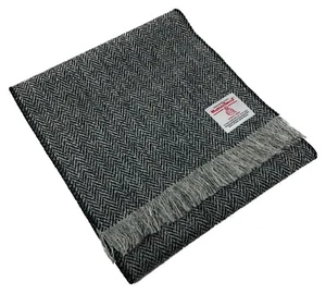 Harris Tweed Black Herringbone Scarf - Handmade Pure Wool, Unisex, Fringed - Picture 1 of 8