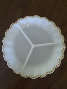 Vintage White Milk Glass Gold Trim Serving Dish Platter Sectioned - Picture 1 of 4