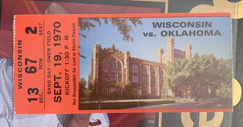 1970 Oklahoma Sooners Wisconsin Badgers Football Ticket Stub OU Norman Madison Cover