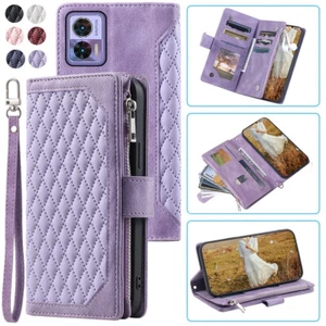 Luxury Rhombic Leather Wallet Case Zipper Flip Card CaseFor Motorola Edge 30 Neo - Picture 1 of 44