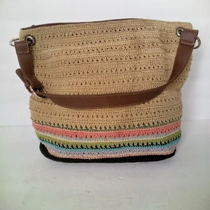 Women's Woven Bass Crochet Tan Hand Bag Beach Bag Summer Purse With Brown Strap - Picture 1 of 14