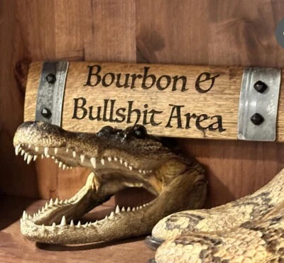 "Bourbon & BS Area" whiskey barrel sign with barrel hoops and BLACKSMITH BOLTS - Image 1 of 4