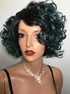 NWT Quick And Easy New Born Free High Heat Emerald Blue And Black Curly Wig - Picture 1 of 9