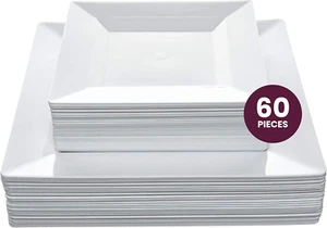 Aya'S 60Ct White Square Disposable Plates - Heavy Duty Plastic Party Plates for - Picture 1 of 12