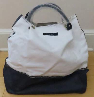 Новый с Ярлыками NAUTICA темно-синий и белый сумка с короткими ручками w двойной молнии отсек 18 x 16 x 5 дюймов - Изображение 1 из 4