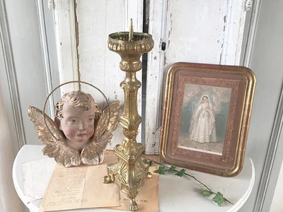 Ancien pique cierge métal doré bougeoir religieux pour bougie shabby - Photo 1/4