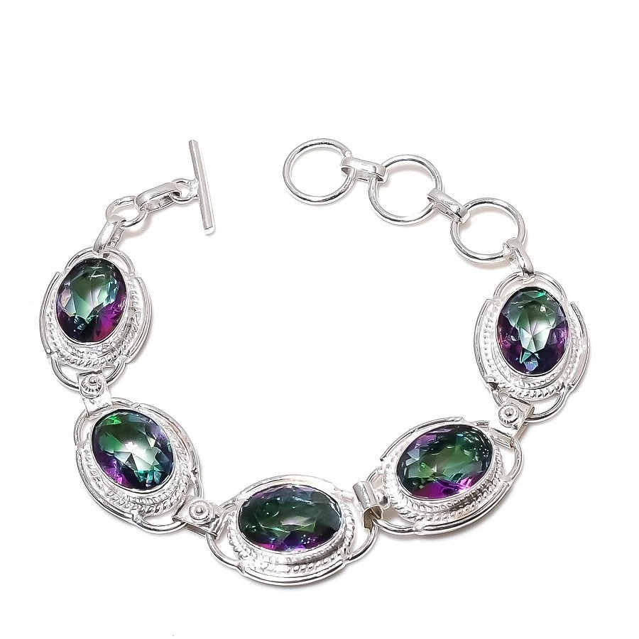 Mystic Topaz Gemstone Handmade 925 Sterling Silver Jewelry Bracelet Size 7-8" - Image 1 of 1