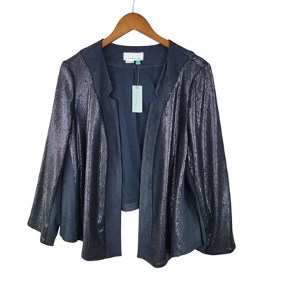 NEW $148 Anthropologie Black Faux Suede Open Front Blazer Plus 2X Jacket Sequin - Image 1 of 4