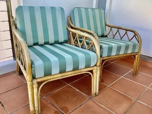 Cane Lounge Set 2 Armchairs + 3 Seater Couch Green Satin Striped Cushions - Picture 1 of 17