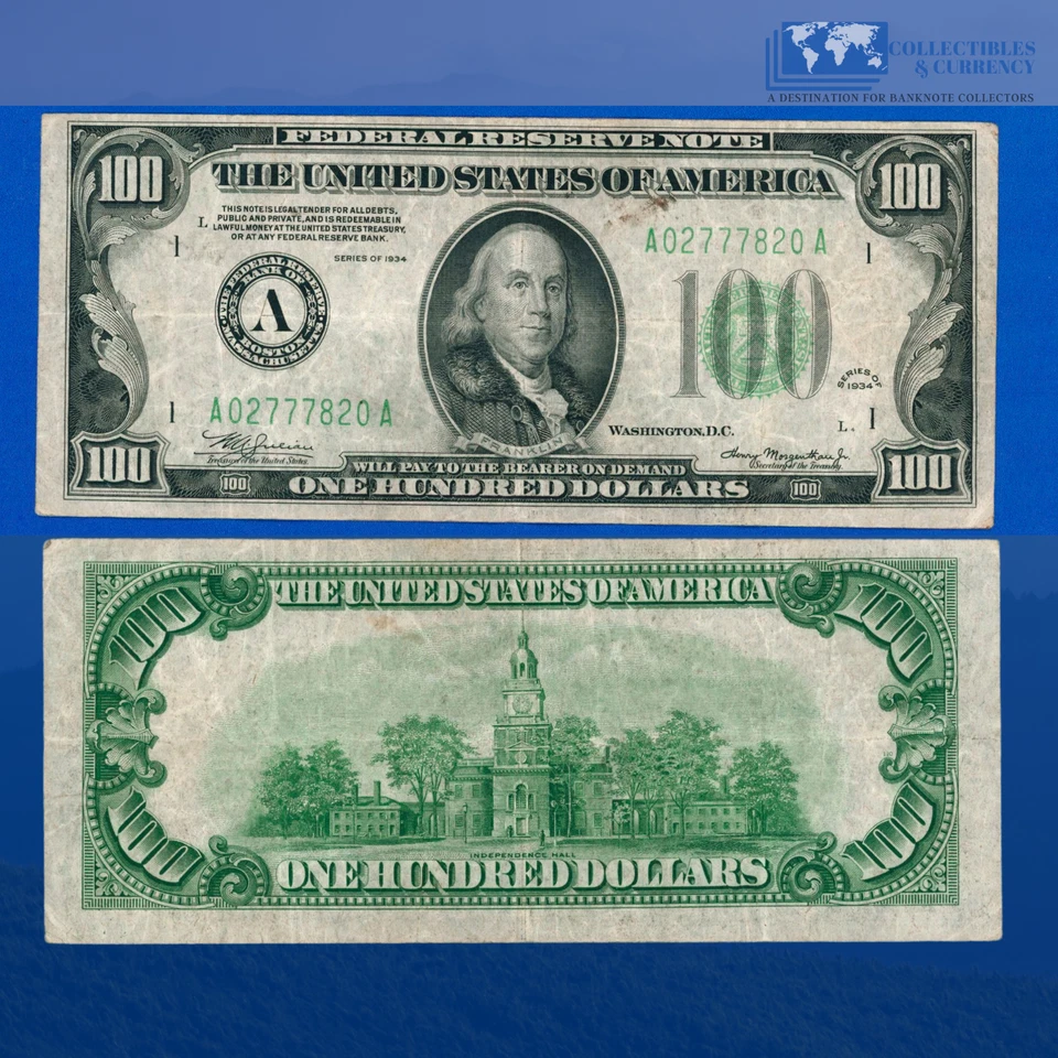 1934 $100 One Hundred Dollars FRN BOSTON, VF #77820 - Image 1 of 1