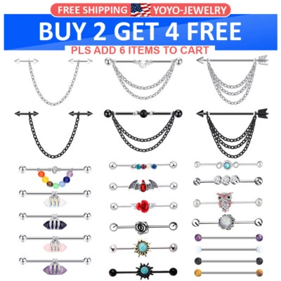 1PC Industrial Barbell 316L Steel Chain Dangle Cartilage Earring Jewelry 14G US - Image 1 of 4
