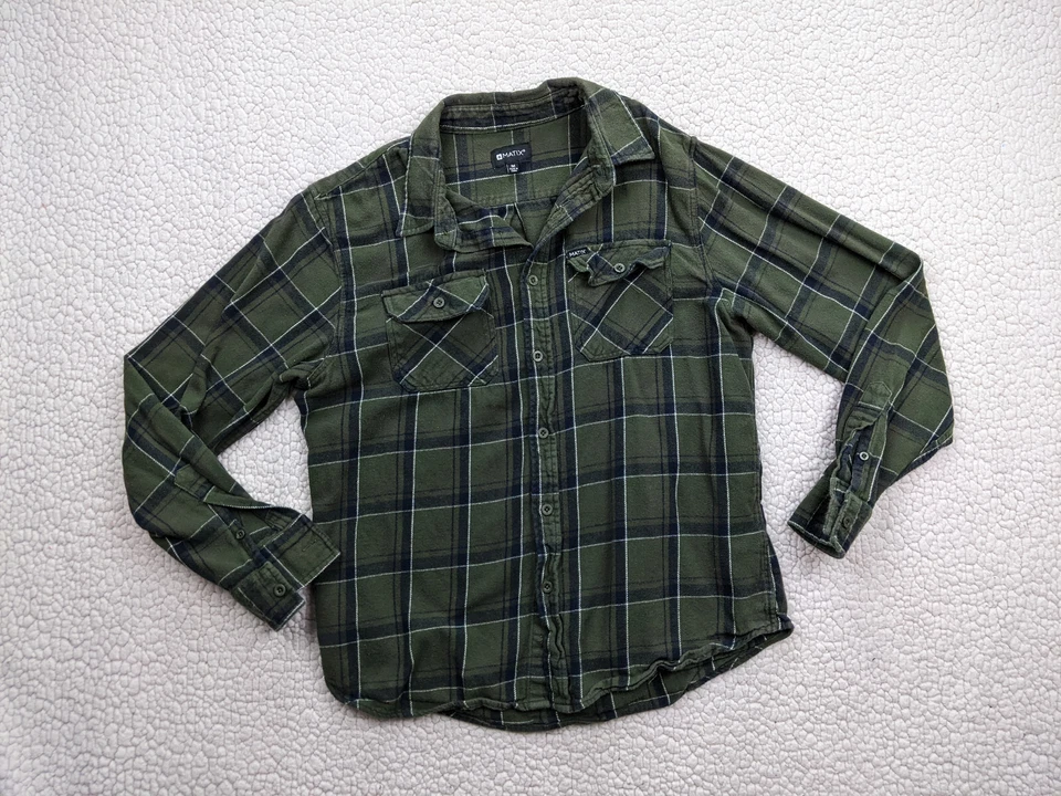 Matix Mens M Green Black White Flannel Shirt Plaid Cotton Spred Collar - Image 1 of 4