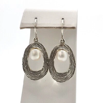 Hagit Gorali Sterling Silver Pearl Dangle Earrings Modernist Textured Foto 1 de 4