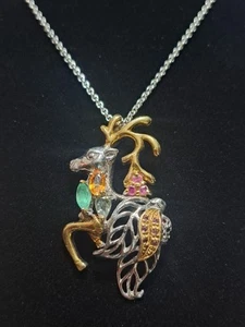 Echt Smaragd, Rubin, Citrin Edelstein Elch Anhänger Halskette 925 Sterling Silber - Bild 1 von 11