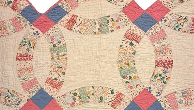 Vintage Cutter Quilt Piece 15” x 28” + Double Wedding Ring Pattern  Feed Sack #6 - Image 1 of 4