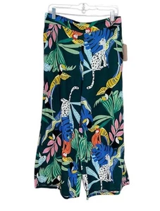 Christian Siriano Linen Wide Leg Pants Jungle Print Beach Summer Pant Large - Picture 1 of 6