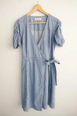 Madewell Wrap Dress Womens XS Extra Small 6 8 Blue Denim Chambray Ruched V neck - image 1 of 4