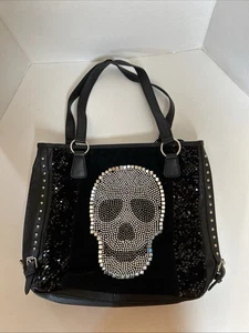 Bolso de Mano Calavera Cuero Estrás Calavera Lentejuelas Plateado Herrajes Forrado 18x14x5 - Imagen 1 de 10