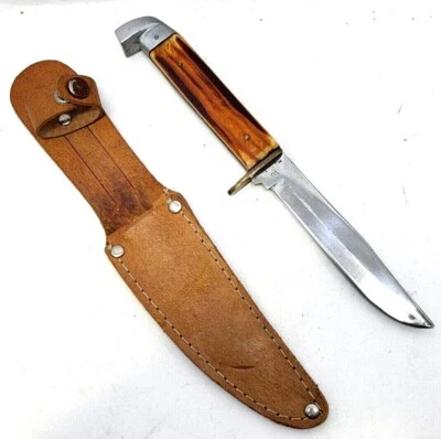 Cuchillo de caza de hoja fija de 7,5" con funda de cuero ATCO #18 JAPÓN de colección (D4) Foto 1 de 4