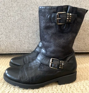 GABOR Black Leather Nubuck Zip Sherpa Biker Moto Boots UK 5.5/US 8 - Picture 1 of 11