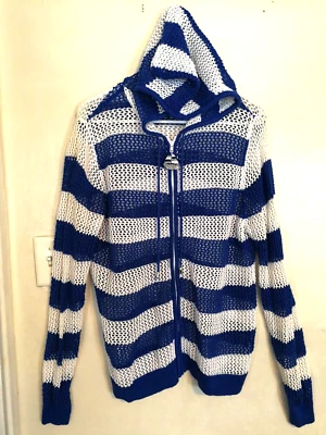 Quacker Factory Womens Jacket L Blue White Sweater Hoodie Sailboat Open Knit - Image 1 of 4