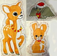 Vtg 3 Animals Pillow Stitch Stuff Easy Cut & Sew Fabric Panel Deer Rabbit Xmas