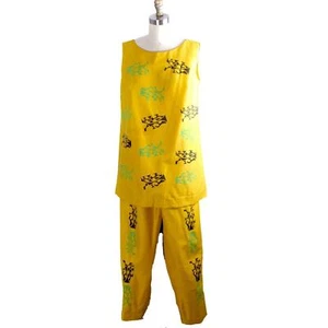 Vintage Tummey Hand Block Printed 1970s Pantsuit Yellow Tunic & Slacks S/M - Picture 1 of 7