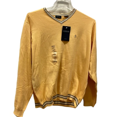 Suéter L Izod Para Hombre Tejido Amarillo 100% Algodón Cuello en V Manga Larga Borde a Rayas Foto 1 de 4