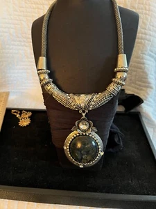 Large Medallion Silver Tone 3 Strand Turquoise Howlite & Beaded Necklace Boho - Picture 1 of 6