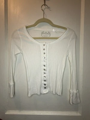 Винтажный Y2K Energie длинным рукавом белый ребро трикотажа кнопка вверх Топ женский размер L - Изображение 1 из 2