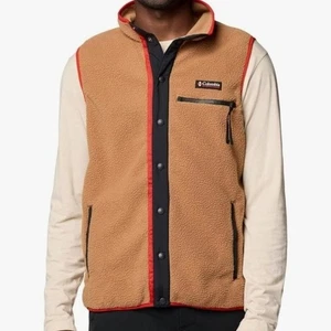 COLUMBIA Fleece VEST TAN RED BLACK Snap Front XL Mens Helvetia II NEW $75 ZIP - Picture 1 of 7
