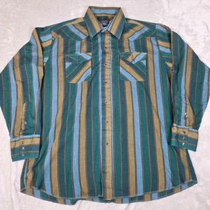 VTG Panhandle Slim Shirt Men 17x36 Green Blue Stripe Western Brush Popper Cowboy - Picture 1 of 11