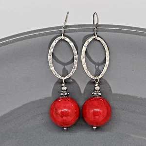 925 Sterling Silver - Red Gem Stone Beaded Dangle Earrings 2" - Picture 1 of 12