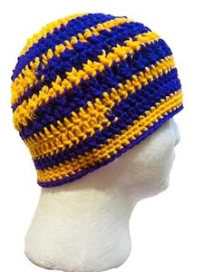 Mens TEEN Crochet SKI Hat Beanie USA Handmade New purple MINNESOTA VIKINGS-Large - Picture 1 of 7