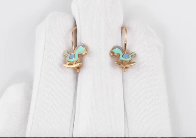 Pendientes Caballo Rocking Infantil AZUL TURQUESA Esmalte Oro Rosa Ruso 14k Foto 1 de 2
