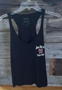 Women's LARGE Black Jim Beam Honey Whiskey Graphic Tank Top Raw Edge Hems - Picture 1 of 9